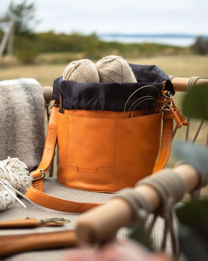 Ingrid soft genuine leather drawstring knitting project bag with interior yarn pockets from iDOKNiT