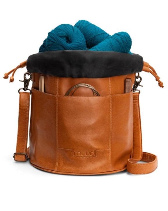 Ingrid soft genuine leather drawstring knitting project bag with interior yarn pockets from iDOKNiT