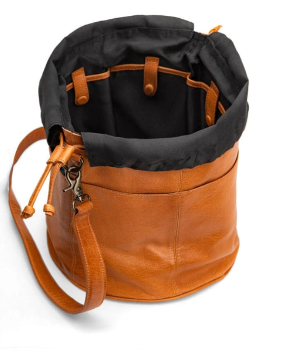 Ingrid soft genuine leather drawstring knitting project bag with interior yarn pockets from iDOKNiT