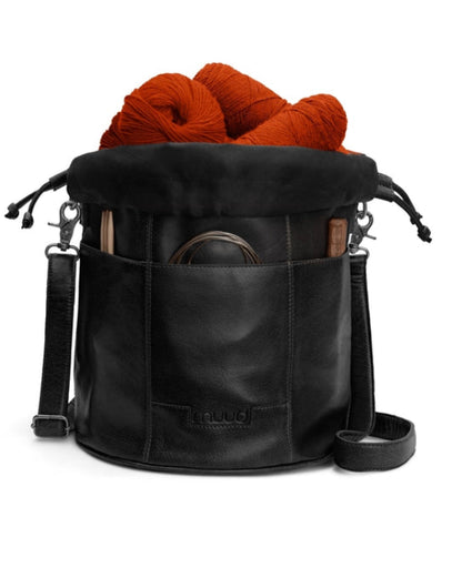 Ingrid soft genuine leather drawstring knitting project bag with interior yarn pockets from iDOKNiT