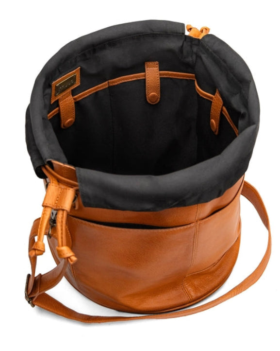 Ingrid soft genuine leather drawstring knitting project bag with interior yarn pockets from iDOKNiT