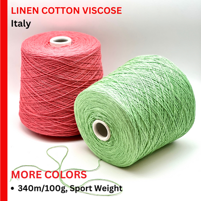 Two spools of pink and green yarn with text about linen cotton viscose from Italy.