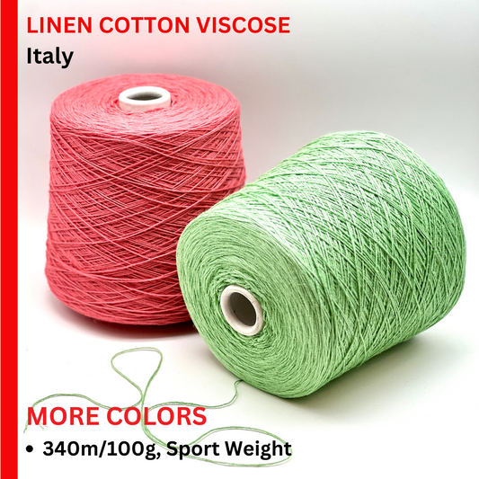 Two spools of pink and green yarn with text about linen cotton viscose from Italy.
