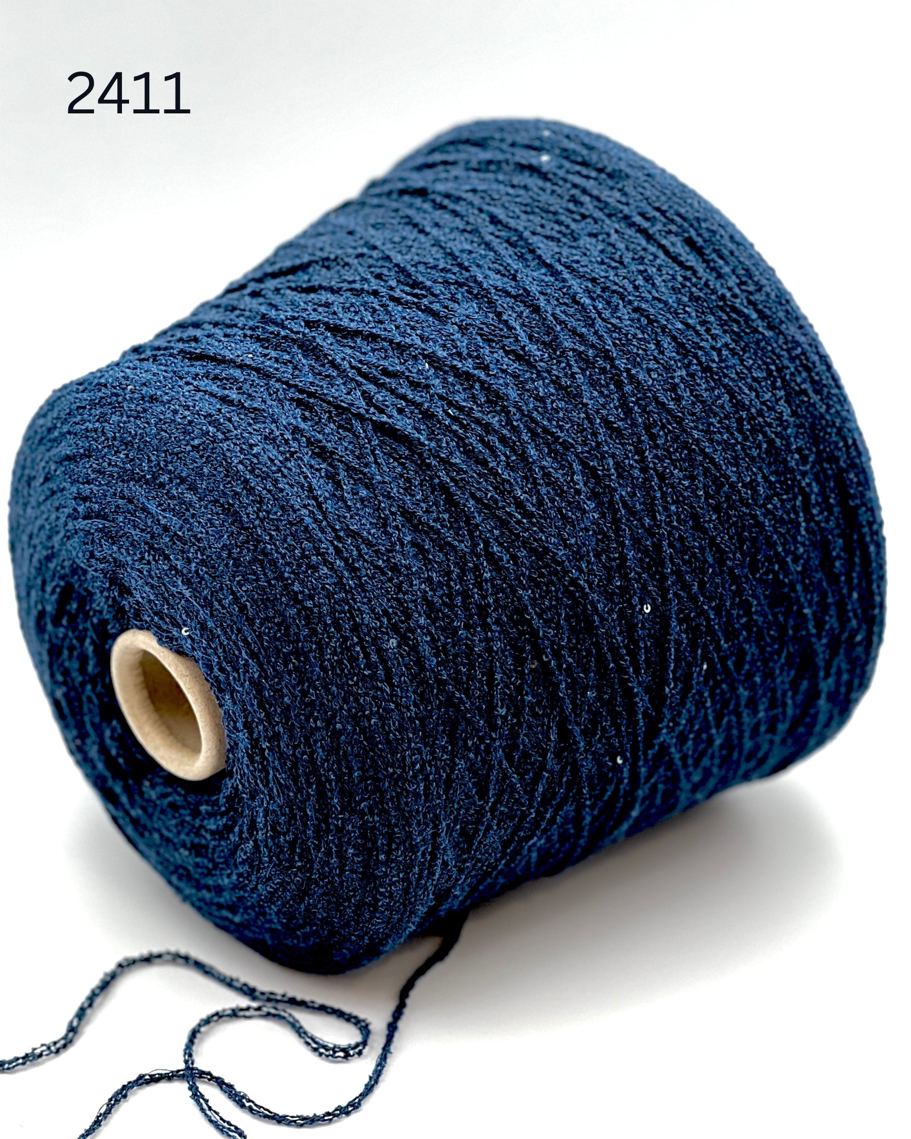G&G Filati FRIZZ luxury 50% merino wool and 50% silk blend Italian sport weight fantasy boucle yarn in Midnight Blue with integrated 2mm transparent paillettes sequins for runway-ready fashion knitwear at iDOKNiT.
