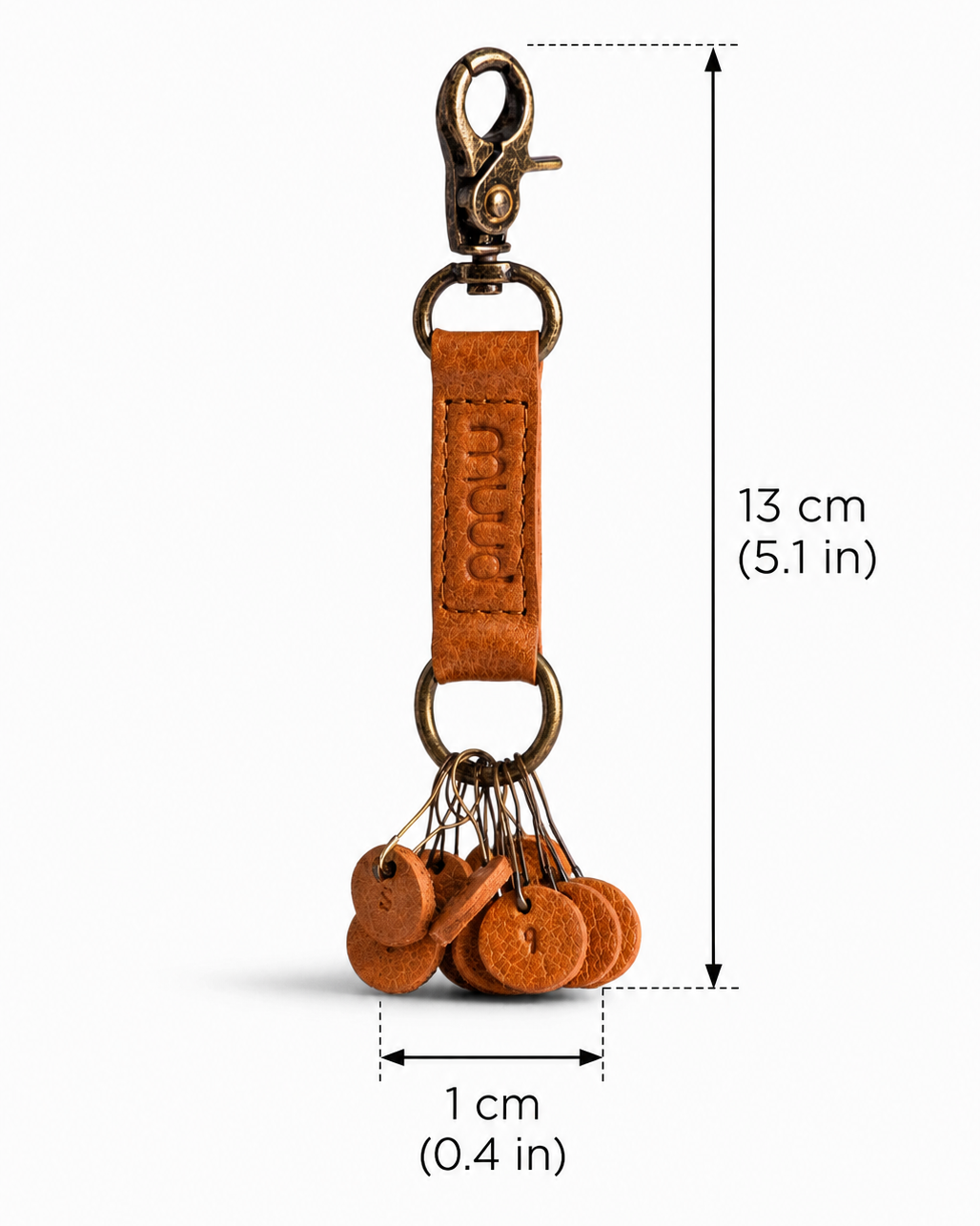 muud FELIZ genuine leather stitch marker keychain with 10 engraved metal markers from iDOKNiT
