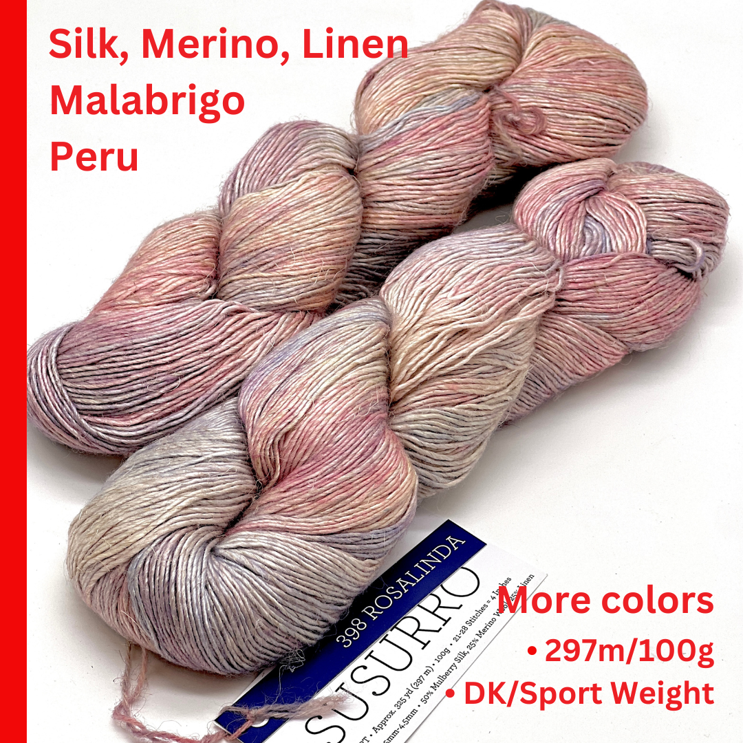 Premium iDOKNiT DK Sport weight yarn, SUSURRO by Malabrigo Peru. Luxury blend of 50% mulberry silk, 25% merino wool, and 25% linen, 297m/100g. Hand-dyed authentic Peruvian yarn curated by iDOKNiT for lightweight garments with elegant drape and sophisticated linen texture.