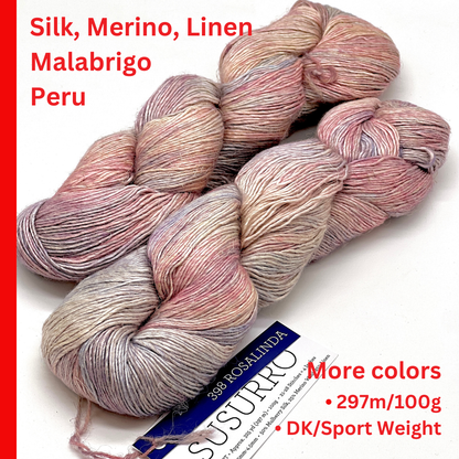 Premium iDOKNiT DK Sport weight yarn, SUSURRO by Malabrigo Peru. Luxury blend of 50% mulberry silk, 25% merino wool, and 25% linen, 297m/100g. Hand-dyed authentic Peruvian yarn curated by iDOKNiT for lightweight garments with elegant drape and sophisticated linen texture.