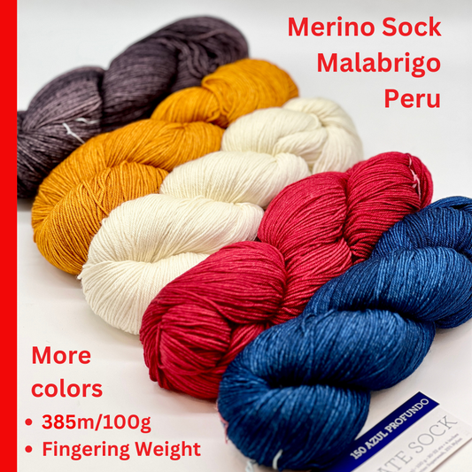 Premium iDOKNiT fingering weight yarn, ULTIMATE SOCK by Malabrigo Peru. Durable blend of 75% superwash merino wool and 25% nylon, 385m/100g. Hand-dyed authentic Peruvian yarn curated by iDOKNiT for resilient socks, garments, and shawls with superior 4-ply stitch definition.