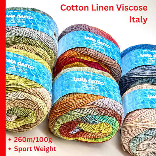 Lana Gatto MANGO eco-friendly multicolour cotton linen and viscose Italian sport weight yarn for summer knitting at iDOKNiT.