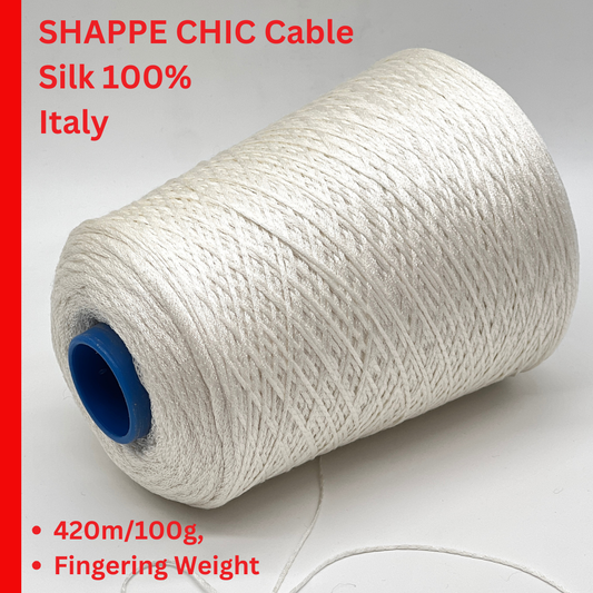 Luxury iDOKNiT fingering weight yarn, SETA SHAPPE by RiGo Italy. 100% Seta Shappe Silk featuring a sophisticated chainette structure for superior breathability and drape, 420m/100g. Authentic Italian-made silk on cones, color 2153 White, curated by iDOKNiT for elite hand and machine knitting projects.