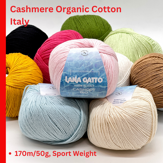 Lana Gatto CASHCOT BIO organic cotton and cashmere blend Italian sport weight yarn for luxury summer knitting at iDOKNiT.