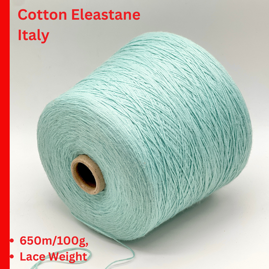 Elite iDOKNiT lace weight stretch yarn, SCOOBYGUM by Pecci Filati Italy. High-performance blend of 75% Cotton Makò and 25% Elastane, Nm 6500, providing 650m per 100g. Authentic Italian-made yarn in 2173 Pale Aqua, curated by iDOKNiT for lightweight garments requiring excellent elasticity, comfort, and shape retention.