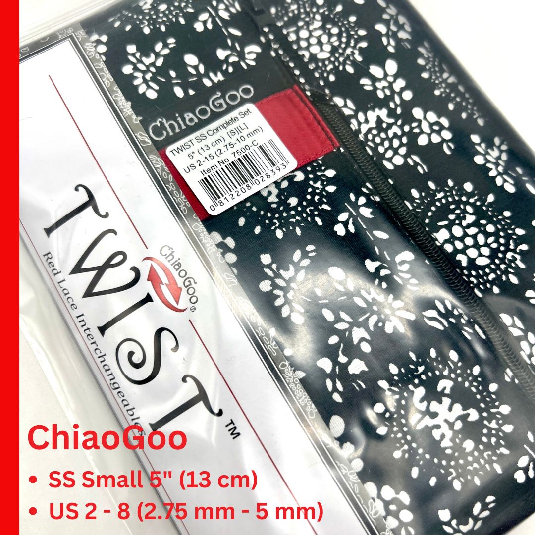 ChiaoGoo TWIST SS 5" Small interchangeable knitting needle set with surgical stainless steel lace tips and zippered fabric case for iDOKNiT.