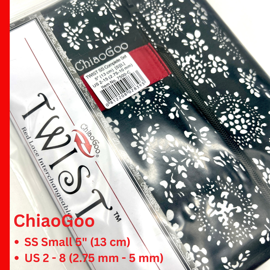 ChiaoGoo TWIST SS 5" Small interchangeable knitting needle set with surgical stainless steel lace tips and zippered fabric case for iDOKNiT.