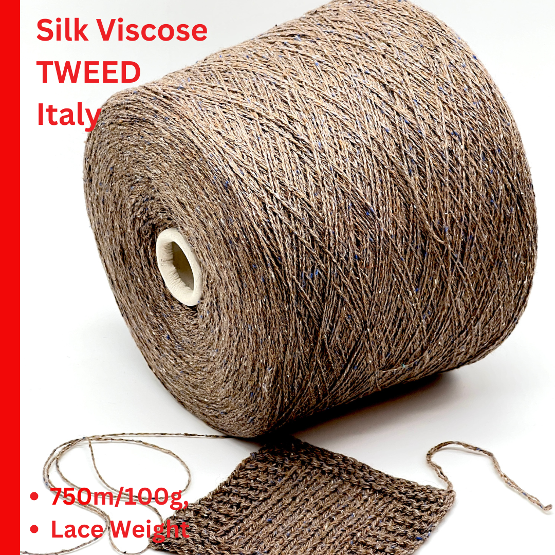 Exclusive iDOKNiT lace weight tweed yarn, PIGALLE by RiGo Italy. A complex luxury blend of 40% virgin wool, 20% silk, and 15% viscose, 750m/100g. Authentic Italian-made tweed with sophisticated multi-fiber texture and subtle silk sheen, curated by iDOKNiT for high-end, lightweight knitwear.