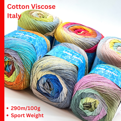 Exclusive iDOKNiT sport weight summer yarn, ANANAS by Lana Gatto Italy. A vibrant Fashion Collection 2026 blend of 75% cotton and 25% viscose, providing 290m per 100g ball. Authentic Italian-made luxury fiber curated by iDOKNiT for breathable, eco-friendly garments with a bold multicolour character and soft, fluid drape.