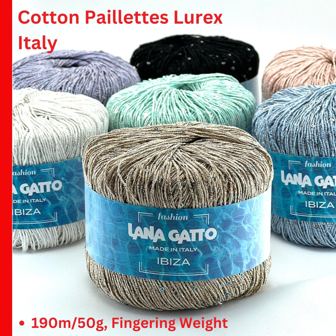 Lana Gatto IBIZA lurex cotton paillettes yarn with elegant sparkle
Italian fingering yarn IBIZA with micro sequins and metallic accents
Lana Gatto IBIZA summer yarn showing light-catching shimmer and texture
Lurex cotton paillettes yarn for beachwear summer tops and shawls
Luxury Italian IBIZA yarn for statement accessories and warm-weather knitwear