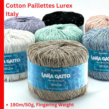 Lana Gatto IBIZA lurex cotton paillettes yarn with elegant sparkle
Italian fingering yarn IBIZA with micro sequins and metallic accents
Lana Gatto IBIZA summer yarn showing light-catching shimmer and texture
Lurex cotton paillettes yarn for beachwear summer tops and shawls
Luxury Italian IBIZA yarn for statement accessories and warm-weather knitwear
