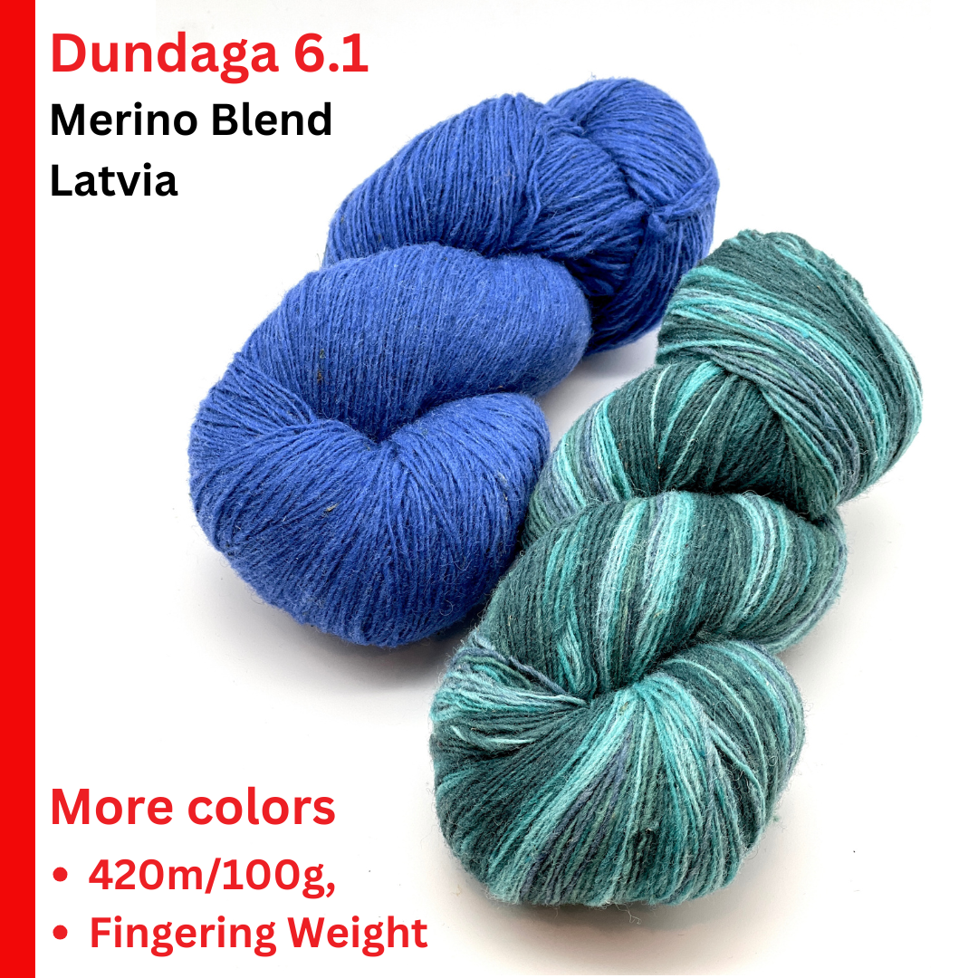 Exclusive iDOKNiT fingering weight heritage yarn, DUNDAGA 6.1 from Paces Vilnas Fabrika, Latvia. A traditional 6/1 single-ply blend of 70% Latvian wool and 30% Latvian merino, providing 460m per 100g. Curated by iDOKNiT in a spectrum of authentic blue and green Baltic shades (022, 023, 024, 054, 067, 069, 092) for rustic-refined knitwear with a soft, natural bloom.