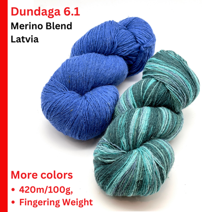 Exclusive iDOKNiT fingering weight heritage yarn, DUNDAGA 6.1 from Paces Vilnas Fabrika, Latvia. A traditional 6/1 single-ply blend of 70% Latvian wool and 30% Latvian merino, providing 460m per 100g. Curated by iDOKNiT in a spectrum of authentic blue and green Baltic shades (022, 023, 024, 054, 067, 069, 092) for rustic-refined knitwear with a soft, natural bloom.