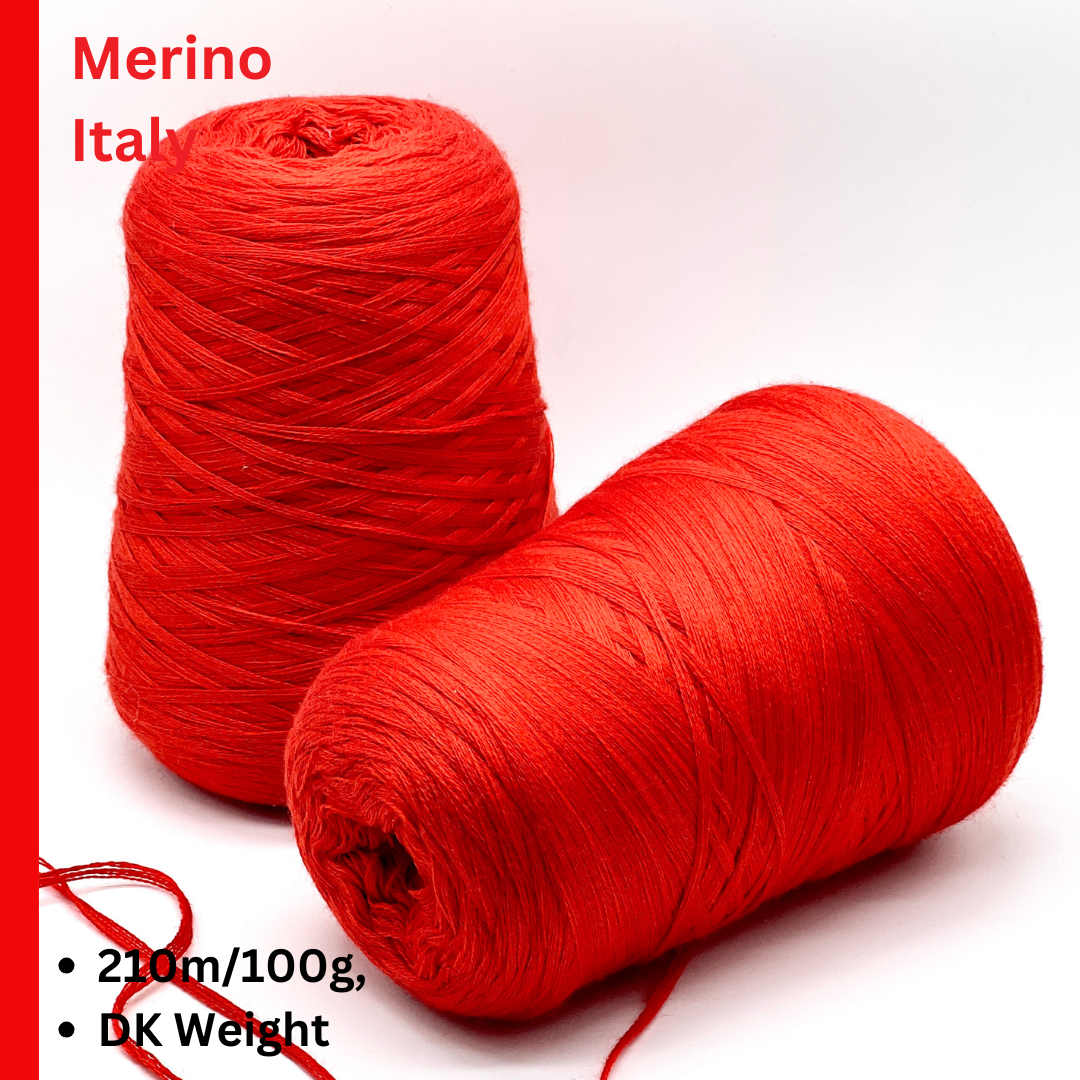 Premium iDOKNiT DK weight yarn, ALBA by Botto Giuseppe Italy. 100% Superfine Merino wool constructed from 7 individual threads for superior stitch definition and softness, 210m/100g. Authentic Italian-made luxury yarn in 2152 Scarlet Red, curated by iDOKNiT for professional-grade garments.