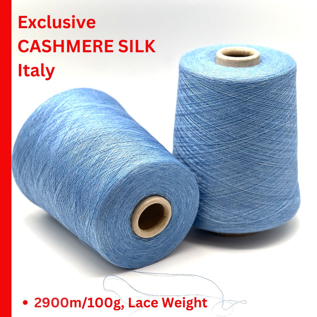 ROYAL 2/58 cashmere silk yarn luxury Italian lace yarn
70 cashmere 30 silk extra fine yarn 2900m per 100g
Luxury cashmere silk cone yarn for multi strand knitting and weaving
Light royal blue Italian yarn close up texture detail
ROYAL 2/58 lace yarn for couture knitting and blending