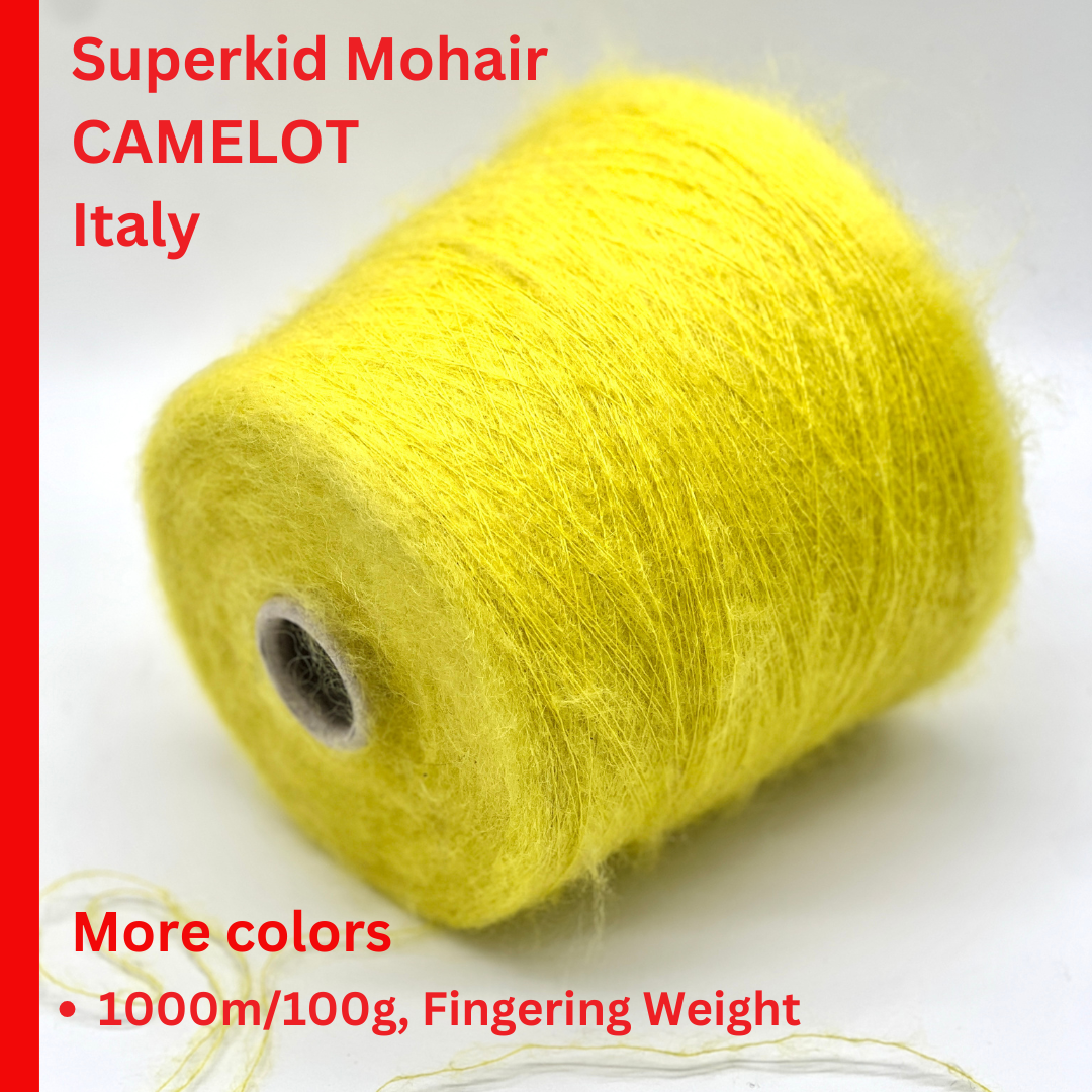 Elite iDOKNiT lace weight yarn, Superkid Mohair blend by Lineapiu Italia. Luxury composition of 58% superkid mohair and 8% wool, Nm 10, providing 1000m per 100g. Authentic Italian-made extra fine yarn curated by iDOKNiT for delicate, airy garments with a signature mohair halo.