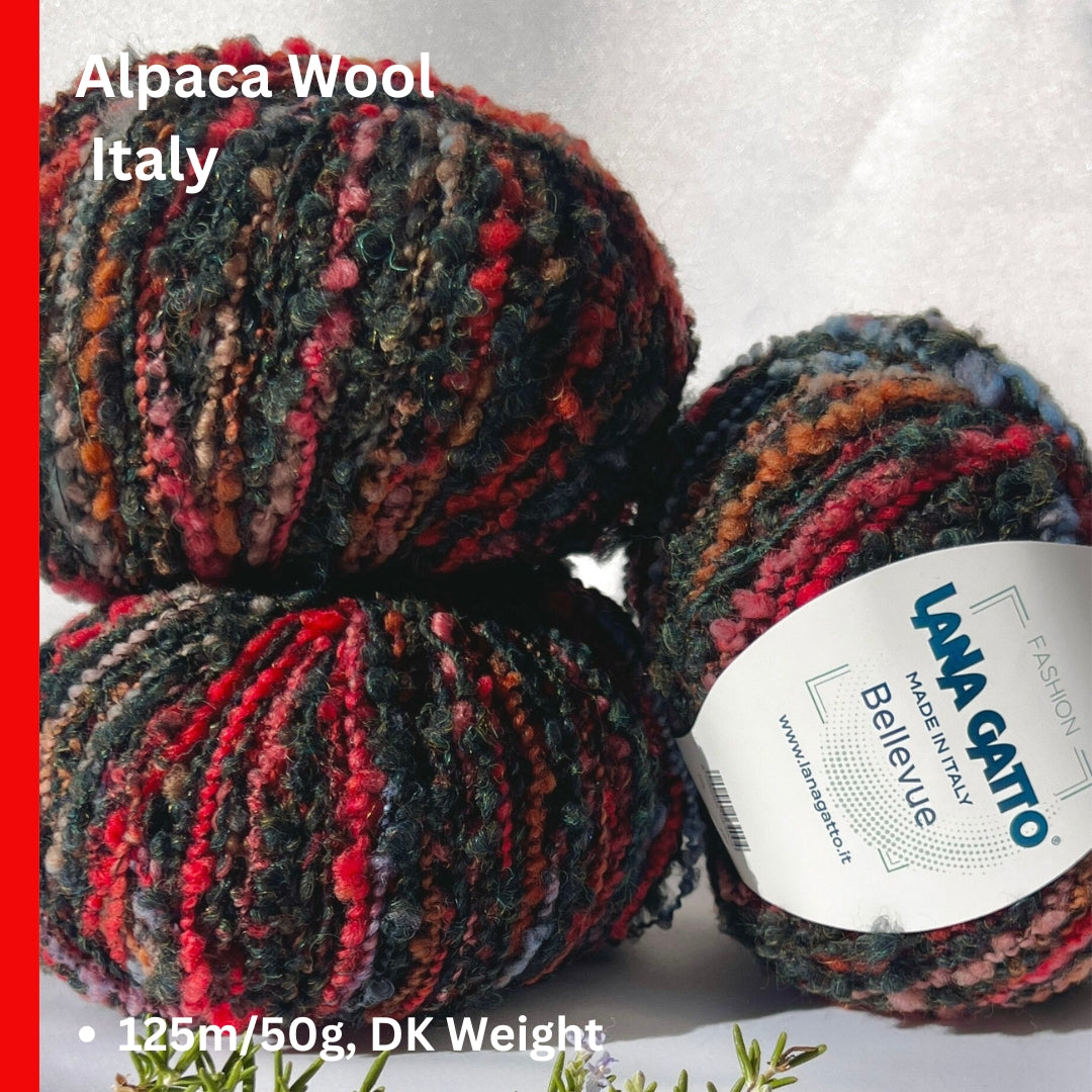 Lana Gatto BELLEVUE wool alpaca boucle yarn soft textured Italian DK yarn
BELLEVUE boucle yarn close up showing lumpy textured surface for knitwear
Italian wool alpaca nylon yarn BELLEVUE perfect for sweaters and scarves
Soft boucle yarn BELLEVUE ideal for cozy textured garments and accessories
Luxury Italian yarn BELLEVUE DK weight for modern knitwear projects