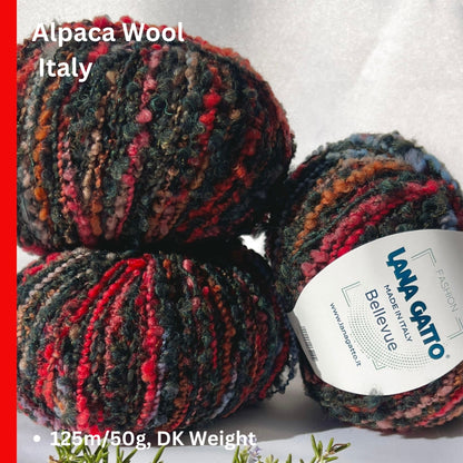 Lana Gatto BELLEVUE wool alpaca boucle yarn soft textured Italian DK yarn
BELLEVUE boucle yarn close up showing lumpy textured surface for knitwear
Italian wool alpaca nylon yarn BELLEVUE perfect for sweaters and scarves
Soft boucle yarn BELLEVUE ideal for cozy textured garments and accessories
Luxury Italian yarn BELLEVUE DK weight for modern knitwear projects