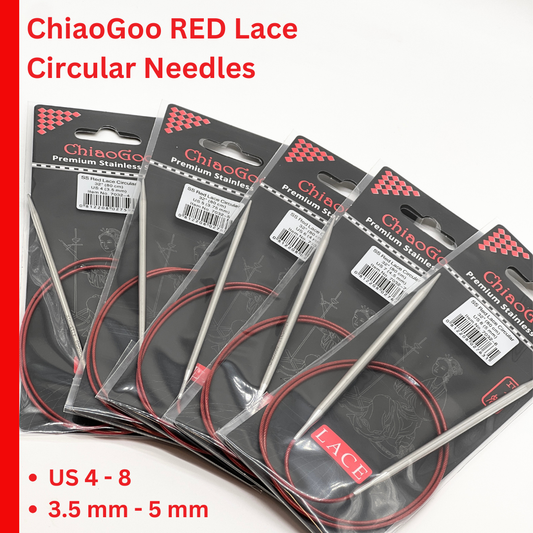 ChiaoGoo RED Lace fixed circular knitting needles featuring surgical stainless steel tips and signature red flexible cable for professional knitting at iDOKNiT.