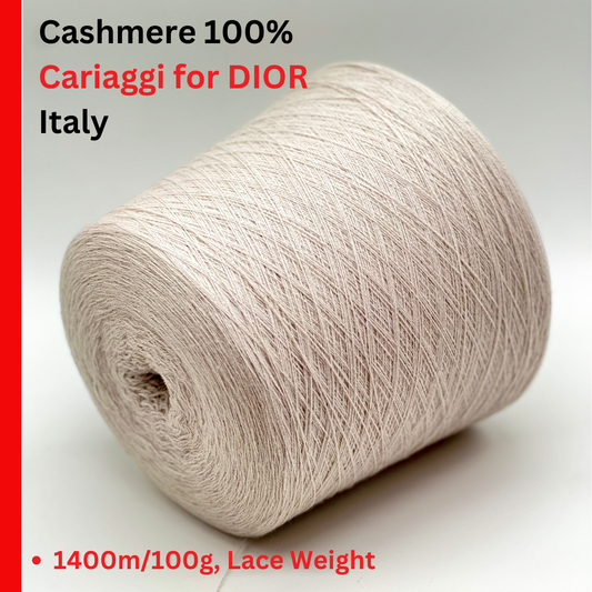 Exclusive iDOKNiT lace weight cashmere yarn, Cashmere 100 by Cariaggi Italy. Rare luxury surplus from Dior Accessori S.p.A. production. 100% pure cashmere in a classic Nm 2/28 count, providing 1400m per 100g. Authentic Italian-made luxury fiber curated by iDOKNiT for high-end fashion-grade lace projects and multi-strand knitting.