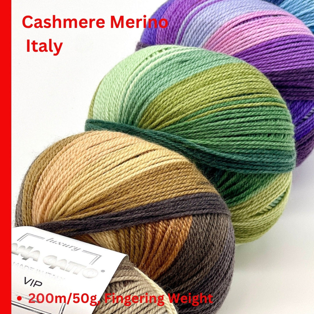 Cashmere Merino Yarn, Lana Gatto VIP PRINT COLORS, Luxury Italian Fingering Weight Yarn, Variegated Color, 200m/50g