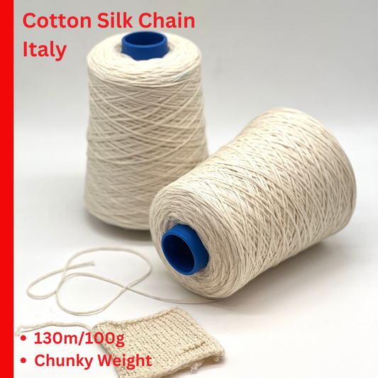 Exclusive iDOKNiT chunky weight yarn, DOMUS SILK by RiGo Italy. High-end blend of 60% cotton and 40% silk with a modern chainette (chain-cable) structure, providing 130m per 100g. Authentic Italian-made luxury fiber curated by iDOKNiT for breathable, soft, and textured knitwear with excellent stitch definition.