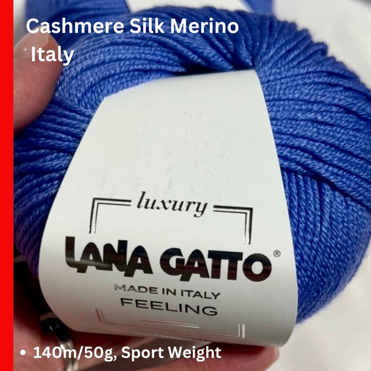 Lana Gatto FEELING cashmere silk merino yarn smooth shiny Italian sport yarn
Luxury Italian sport yarn FEELING soft drapey texture for sweaters and shawls
Close up of FEELING yarn showing smooth surface and silk sheen
Cashmere silk merino yarn FEELING ideal for scarves and garments
Soft luxury yarn FEELING perfect for refined knitwear projects