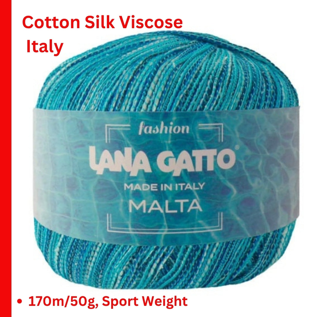 Lana Gatto MALTA silk cotton viscose yarn smooth matte Italian sport yarn
Luxury Italian summer yarn MALTA lightweight breathable knitting yarn
Close up of MALTA yarn showing smooth texture and soft fibers
Silk cotton viscose yarn MALTA ideal for summer garments and shawls
Lightweight sport yarn MALTA perfect for elegant knitwear