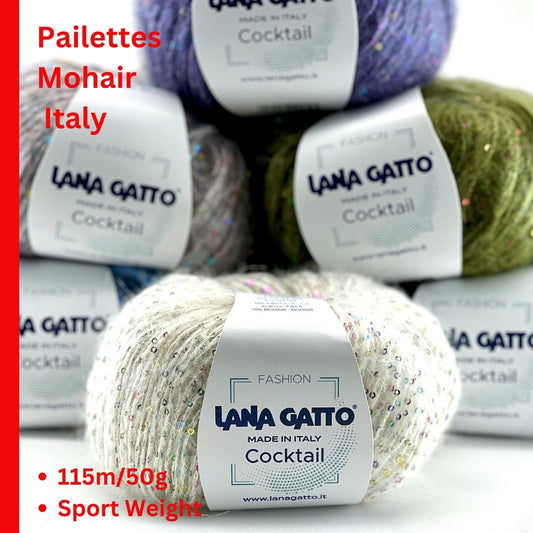 Lana Gatto COCKTAIL paillettes yarn soft sparkle Italian sport yarn
Luxury Italian sport yarn COCKTAIL with mohair halo and sequins
Close up of COCKTAIL yarn showing micro paillettes and texture
Soft sparkle yarn COCKTAIL for sweaters shawls and accessories
Italian fashion yarn with paillettes for festive knitwear