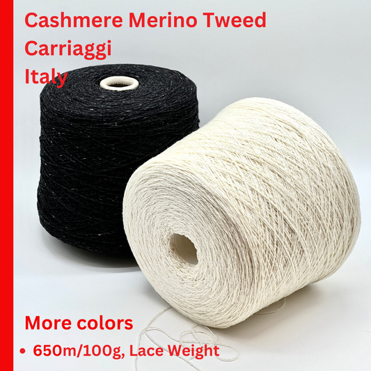 Elite iDOKNiT lace weight yarn, MALFILE TWEED by Cariaggi Italy. Luxury 2-ply blend of 95% merino wool and 5% cashmere, 650m/100g. Authentic Italian-made tweed yarn with rustic multicolor character and a soft cashmere finish curated by iDOKNiT for professional fine knitting.