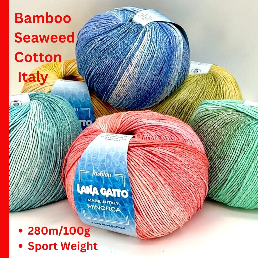 Lana Gatto MINORCA cotton bamboo seaweed yarn silky Italian sport yarn
Luxury Italian summer yarn MINORCA cool touch breathable knitting yarn
Close up of MINORCA yarn showing smooth texture and soft sheen
Cotton bamboo seaweed yarn MINORCA for summer garments and dresses
Lightweight Italian yarn MINORCA for elegant knitwear