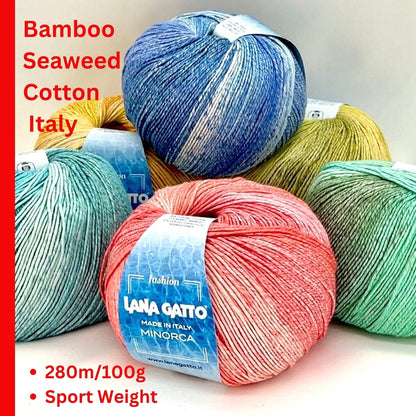 Lana Gatto MINORCA cotton bamboo seaweed yarn silky Italian sport yarn
Luxury Italian summer yarn MINORCA cool touch breathable knitting yarn
Close up of MINORCA yarn showing smooth texture and soft sheen
Cotton bamboo seaweed yarn MINORCA for summer garments and dresses
Lightweight Italian yarn MINORCA for elegant knitwear