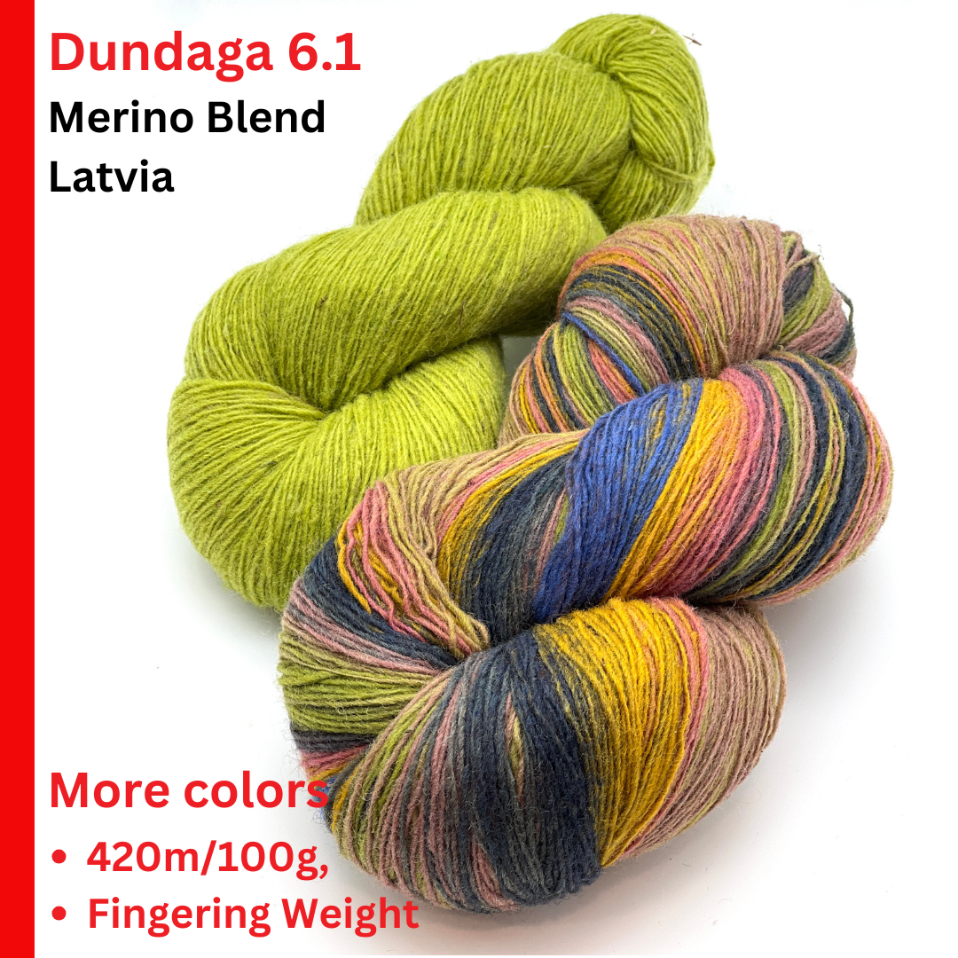 Exclusive iDOKNiT fingering weight heritage yarn, DUNDAGA 6.1 from Paces Vilnas Fabrika, Latvia. A traditional single-ply blend of 70% Latvian wool and 30% Latvian merino, providing 420m per 100g. Processed to retain 70% natural lanolin for unique warmth and a soft bloom. Curated by iDOKNiT in various authentic multi-color batches for rustic, high-quality knitwear.