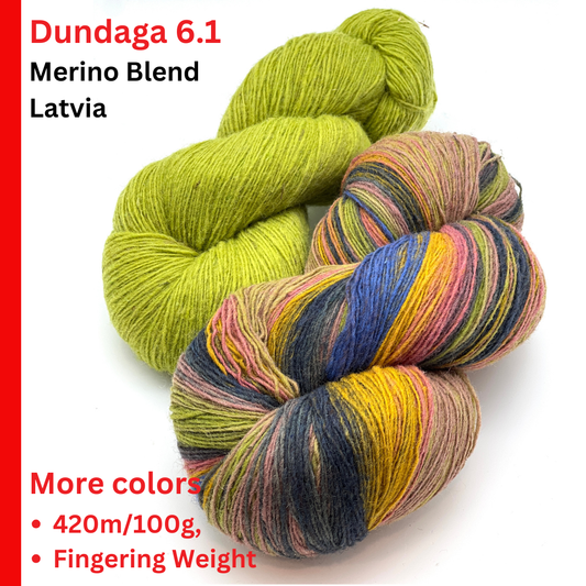 Exclusive iDOKNiT fingering weight heritage yarn, DUNDAGA 6.1 from Paces Vilnas Fabrika, Latvia. A traditional single-ply blend of 70% Latvian wool and 30% Latvian merino, providing 420m per 100g. Processed to retain 70% natural lanolin for unique warmth and a soft bloom. Curated by iDOKNiT in various authentic multi-color batches for rustic, high-quality knitwear.