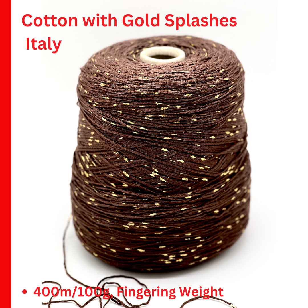 Italian cotton blend chain yarn chocolate brown with gold paint-like splashes