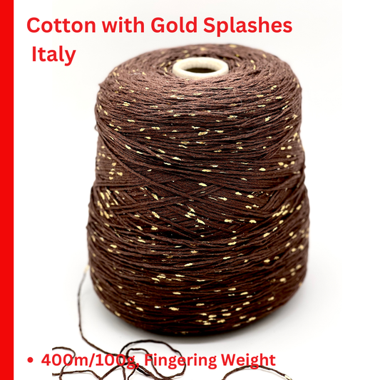 Italian cotton blend chain yarn chocolate brown with gold paint-like splashes