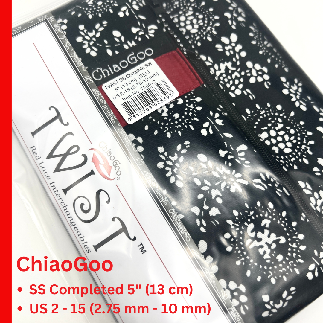 ChiaoGoo TWIST SS 5" Complete interchangeable knitting needle set with surgical stainless steel lace tips and compact fabric case for iDOKNiT.