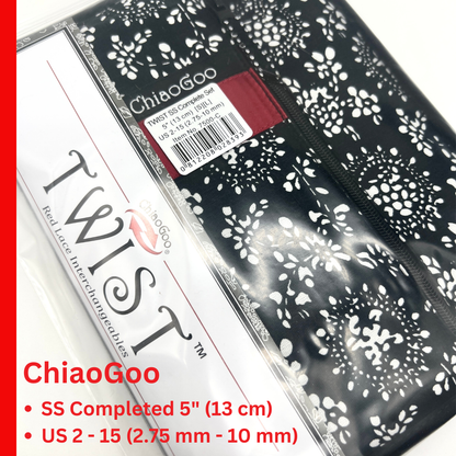 ChiaoGoo TWIST SS 5" Complete interchangeable knitting needle set with surgical stainless steel lace tips and compact fabric case for iDOKNiT.