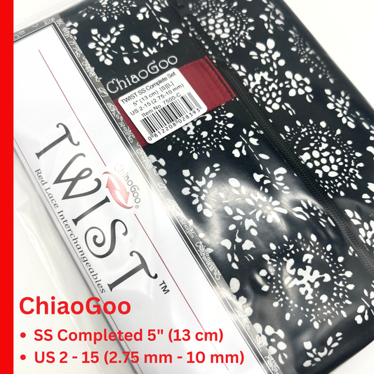 ChiaoGoo TWIST SS 5" Complete interchangeable knitting needle set with surgical stainless steel lace tips and compact fabric case for iDOKNiT.