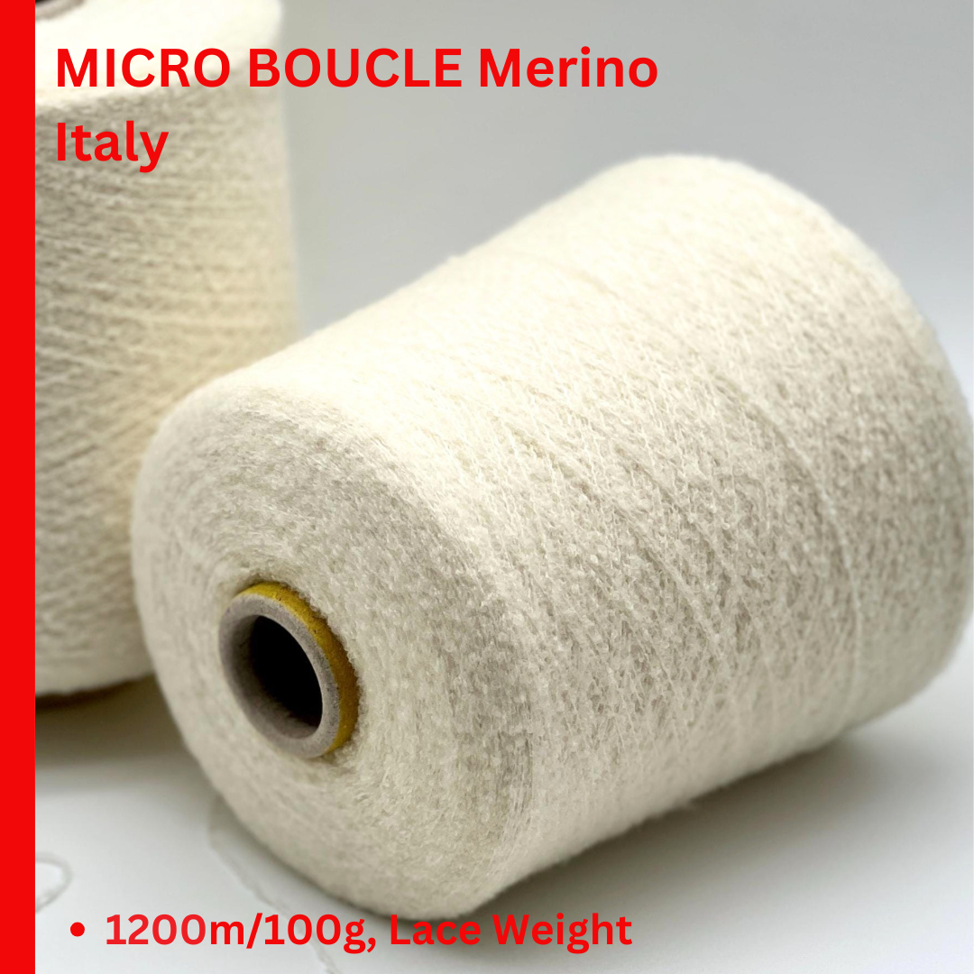 Fluffy boucle merino yarn HAIR WISH Italian lace yarn
soft halo micro boucle yarn cone in milk white color
luxury fluffy merino companion yarn for knitting and weaving
airy Italian lace weight boucle yarn close up texture
soft boucle halo yarn for sweaters shawls and couture knitting