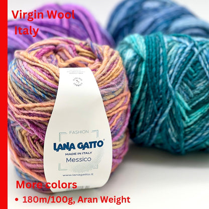 Lana Gatto MESSICO wool acrylic Aran yarn made in Italy with printed color transitions for sweaters cardigans scarves hats and cozy winter knitwear