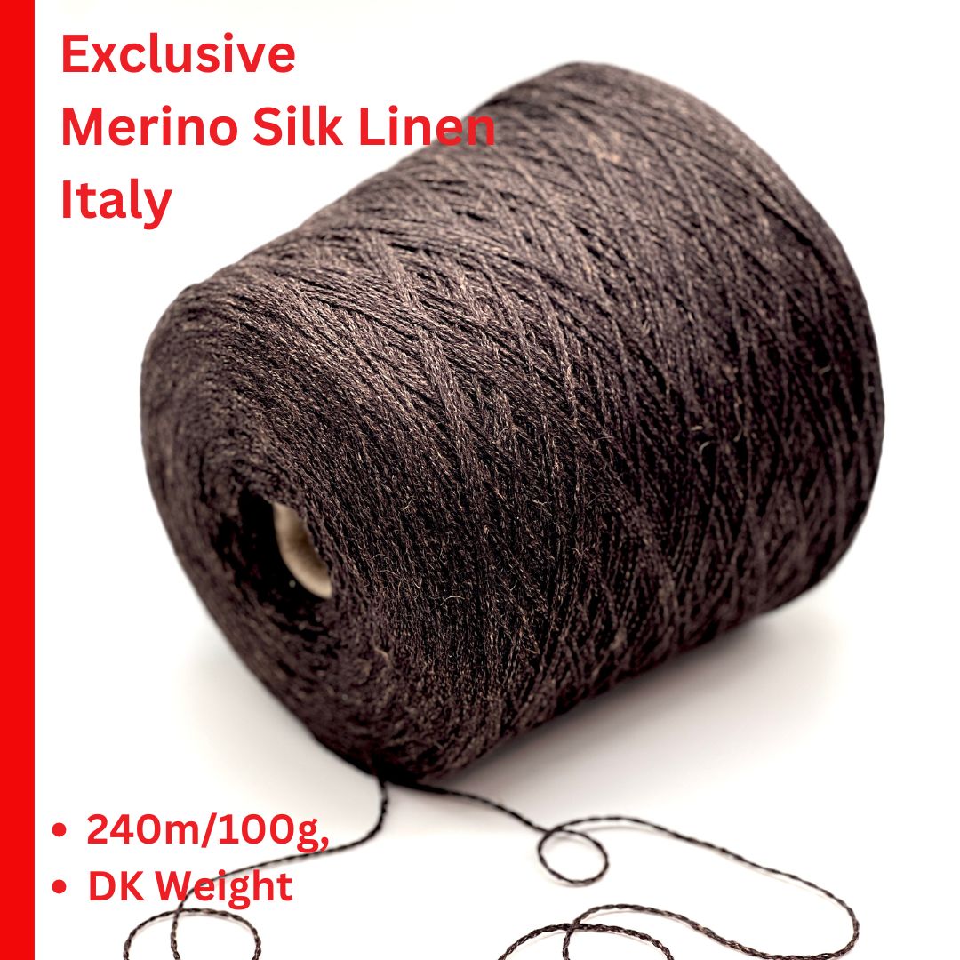 LANA LINO SETA merino silk linen yarn DK 240m Italy
Luxury Italian merino silk linen yarn cone close up
Extrafine merino silk linen DK yarn for sweaters and cardigans
Soft breathable Italian yarn with linen silk merino blend
LANA LINO SETA luxury DK yarn texture detail