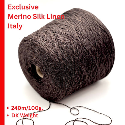 LANA LINO SETA merino silk linen yarn DK 240m Italy
Luxury Italian merino silk linen yarn cone close up
Extrafine merino silk linen DK yarn for sweaters and cardigans
Soft breathable Italian yarn with linen silk merino blend
LANA LINO SETA luxury DK yarn texture detail